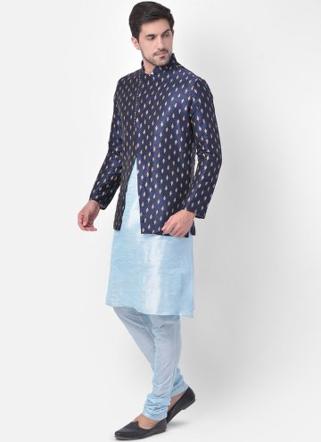 Aqua Blue and Navy Blue color Art Dupion Silk Kurta Payjama With Jacket with Fancy work
