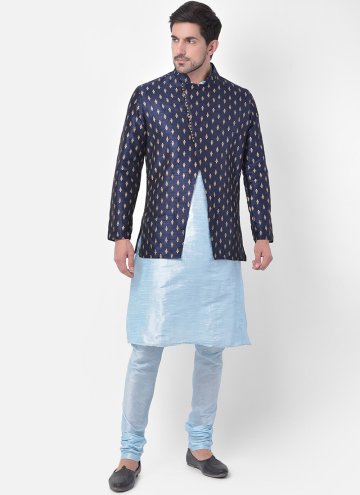 Aqua Blue and Navy Blue color Art Dupion Silk Kurta Payjama With Jacket with Fancy work