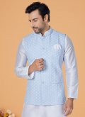 Aqua Blue and Off White Banarasi Fancy work Kurta Payjama With Jacket for Ceremonial - 1