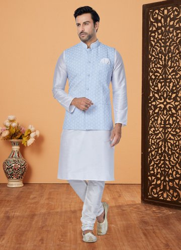 Aqua Blue and Off White Banarasi Fancy work Kurta Payjama With Jacket for Ceremonial