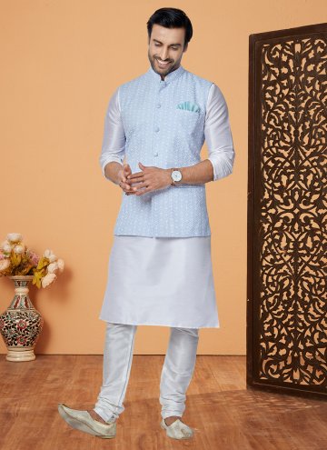 Aqua Blue and Off White color Fancy work Banarasi Kurta Payjama With Jacket
