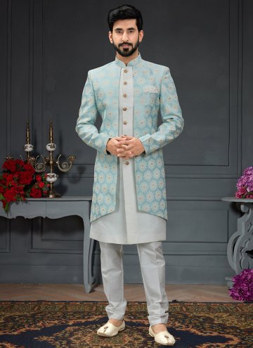 Aqua Blue and Off White Indo Western in Imported with Embroidered