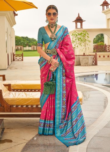 Aqua Blue and Pink Contemporary Saree in Patola Silk with Patola Print