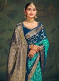 Aqua Blue and Teal Contemporary Saree in Pure Georgette with Woven - 1