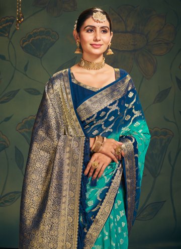 Aqua Blue and Teal Contemporary Saree in Pure Georgette with Woven