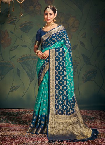 Aqua Blue and Teal Contemporary Saree in Pure Geor