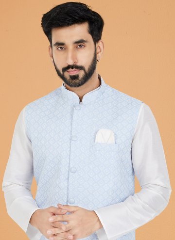 Aqua Blue and White color Fancy work Banarasi Kurta Payjama With Jacket