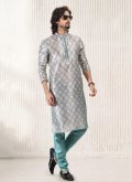 Aqua Blue Banarasi Jacquard Fancy work Kurta Pyjama for Ceremonial - 1