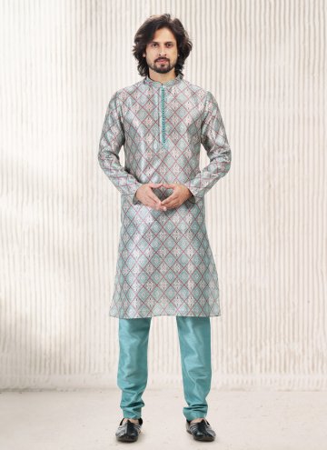 Aqua Blue Banarasi Jacquard Fancy work Kurta Pyjama for Ceremonial