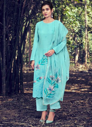 Aqua Blue Bembarg Embroidered Salwar Suit for Mehndi
