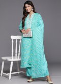 Aqua Blue Blended Cotton Embroidered Trendy Salwar Suit for Ceremonial - 1