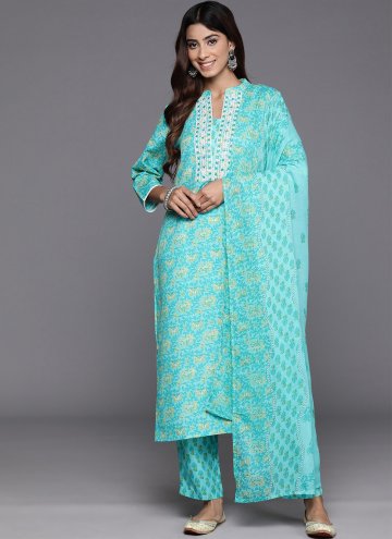Aqua Blue Blended Cotton Embroidered Trendy Salwar Suit for Ceremonial