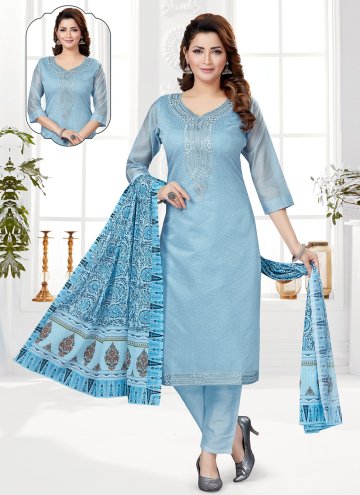 Aqua Blue Chanderi Embroidered Pant Style Suit for