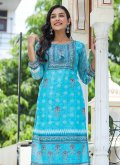 Aqua Blue Chanderi Printed Straight Salwar Suit - 1