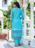 Aqua Blue Chanderi Printed Straight Salwar Suit - 2