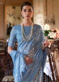 Aqua Blue Classic Designer Saree in Cotton  with Printed - 1