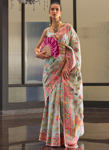 Aqua Blue Classic Designer Saree in Handloom Silk with Woven