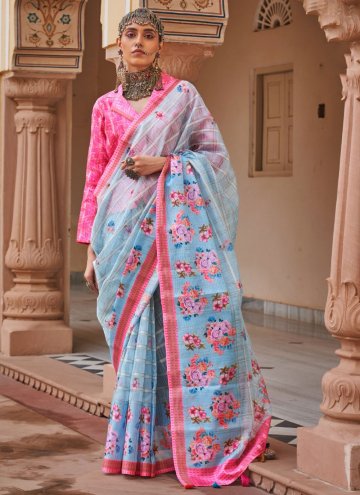 Aqua Blue Classic Designer Saree in Linen with Flo