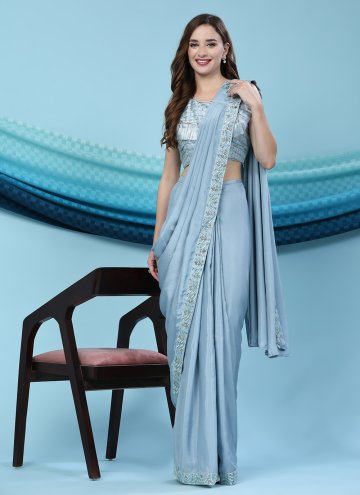 Aqua Blue Classic Designer Saree in Satin Silk with Embroidered