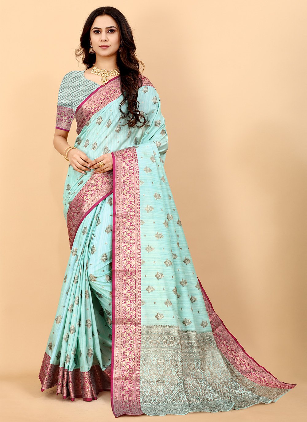 Aqua Blue Classic Designer Saree in Silk with Woven