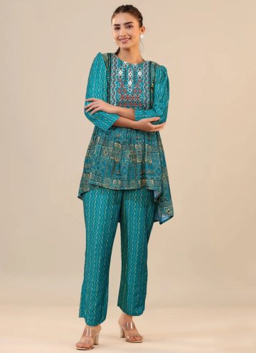 Aqua Blue color Cotton  Designer Kurti with Print