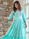Aqua Blue color Cotton  Gown with Embroidered - 1