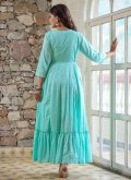 Aqua Blue color Cotton  Gown with Embroidered - 2