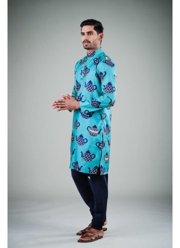 Aqua Blue color Cotton Satin Kurta Pyjama with Pri