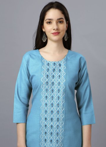 Aqua Blue color Embroidered Cotton  Casual Kurti