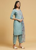 Aqua Blue color Embroidered Cotton  Salwar Suit - 3