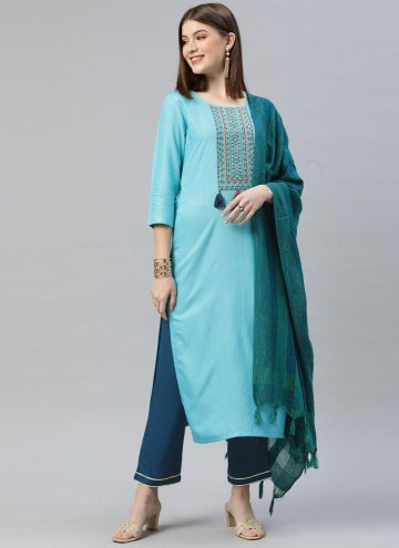 Aqua Blue color Embroidered Rayon Trendy Salwar Kameez