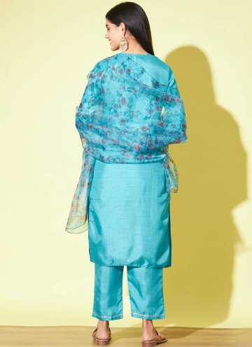 Aqua Blue color Embroidered Silk Blend Pant Style Suit