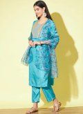 Aqua Blue color Embroidered Silk Blend Pant Style Suit - 2