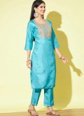 Aqua Blue color Embroidered Silk Blend Pant Style Suit - 3