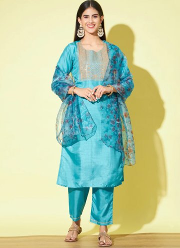 Aqua Blue color Embroidered Silk Blend Pant Style 