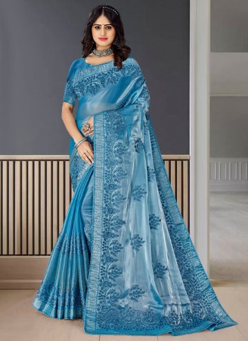 Aqua Blue color Fancy Fabric Designer Saree with E
