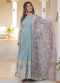 Aqua Blue color Faux Georgette Designer Gown with Embroidered - 1