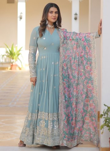 Aqua Blue color Faux Georgette Designer Gown with Embroidered