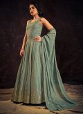Aqua Blue color Georgette Floor Length Gown with Mirror Work - 2