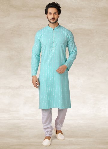 Aqua Blue color Handloom Cotton Kurta Pyjama with 