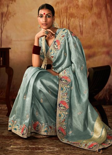 Aqua Blue color Kanjivaram Silk Classic Designer Saree with Embroidered