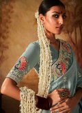 Aqua Blue color Kanjivaram Silk Classic Designer Saree with Embroidered - 2
