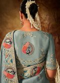Aqua Blue color Kanjivaram Silk Classic Designer Saree with Embroidered - 3