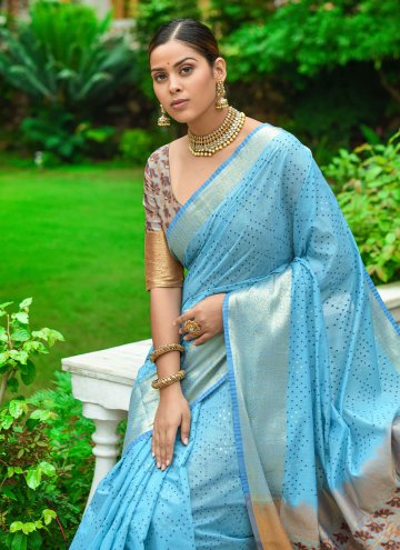 Aqua Blue color Linen Classic Designer Saree with Woven