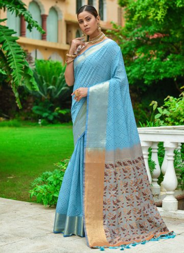 Aqua Blue color Linen Classic Designer Saree with Woven