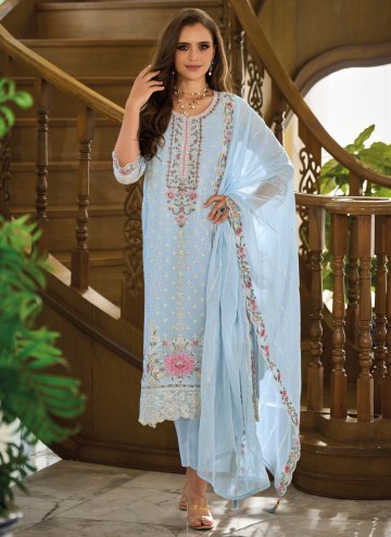 Aqua Blue color Organza Salwar Suit with Embroider