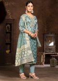 Aqua Blue color Organza Trendy Salwar Suit with Hand Work - 1