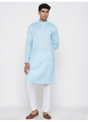 Aqua Blue color Plain Work Cotton  Kurta Pyjama