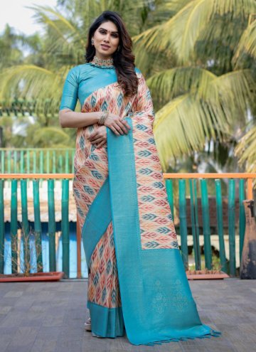 Aqua Blue color Silk Classic Designer Saree with Digital Print