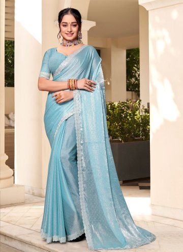 Aqua Blue color Swarovski Silk Designer Saree